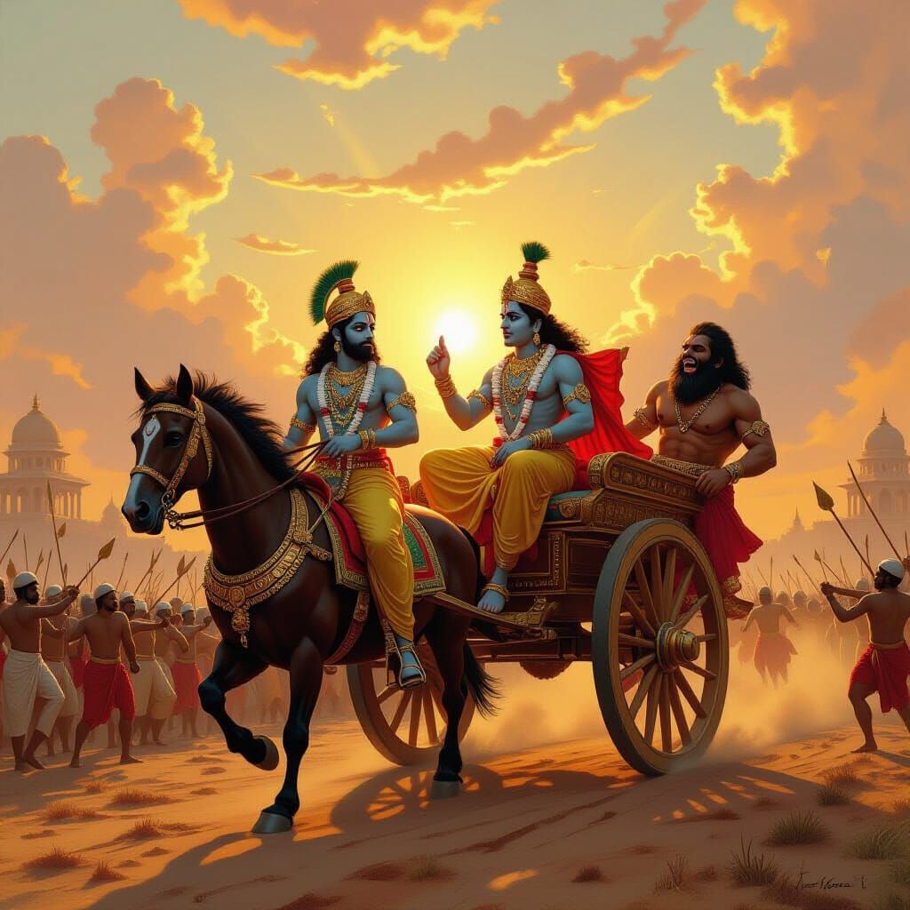 Arjuna's Chariot in Kurukshetra: A Golden Light Battle