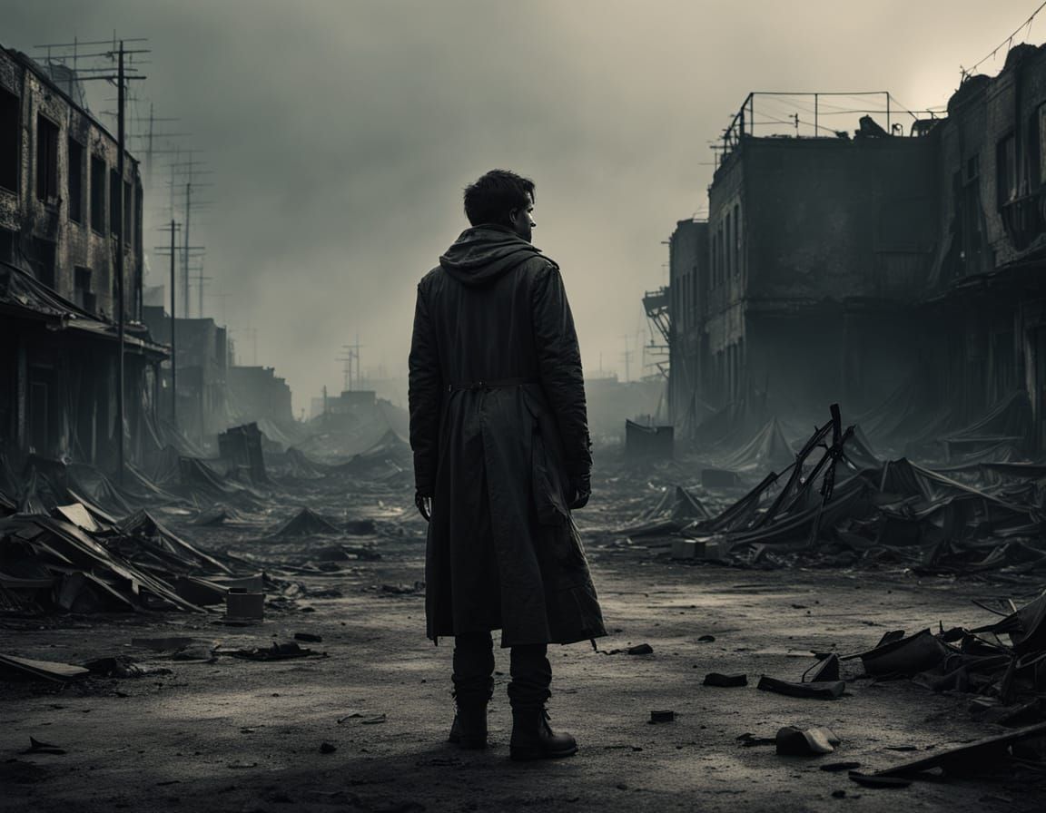 Ethereal Post-Apocalyptic Survivor Amidst Ashy Ruins
