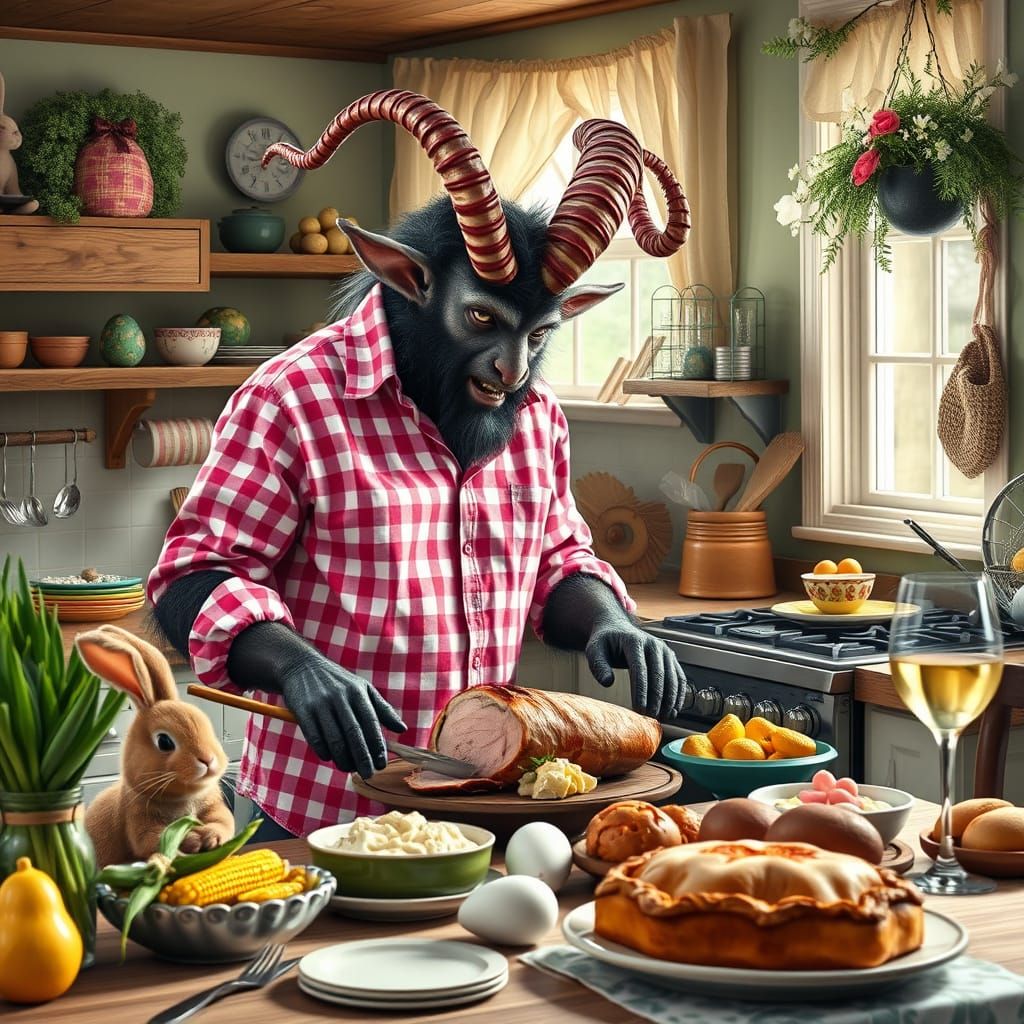 Krampus and Peter Cottontail Share a Cozy Easter Feast