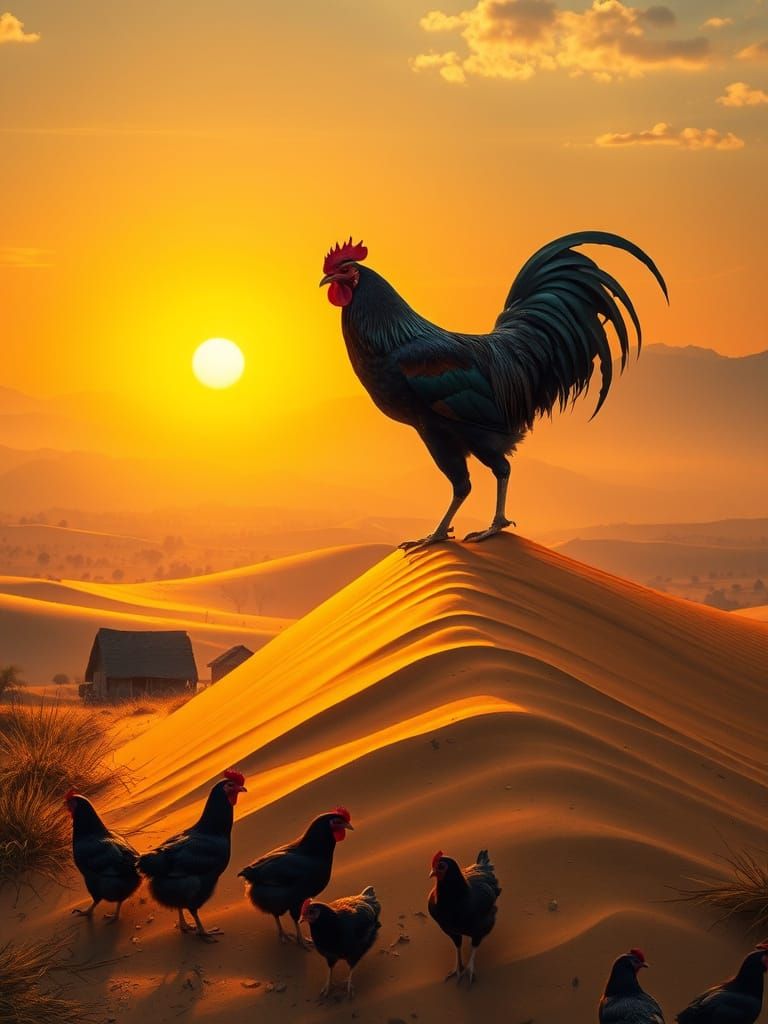 Majestic Black Rooster Dominates Idyllic Village Landscape