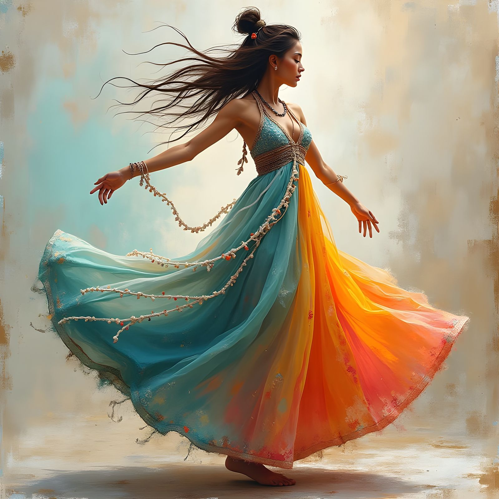 Ethereal Bohemian Dancer in Vibrant Abstract Artwork