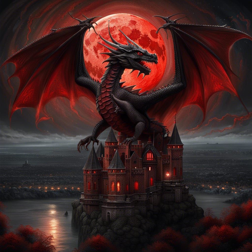 Black and Red Dragon in Flight Under Blood Moon