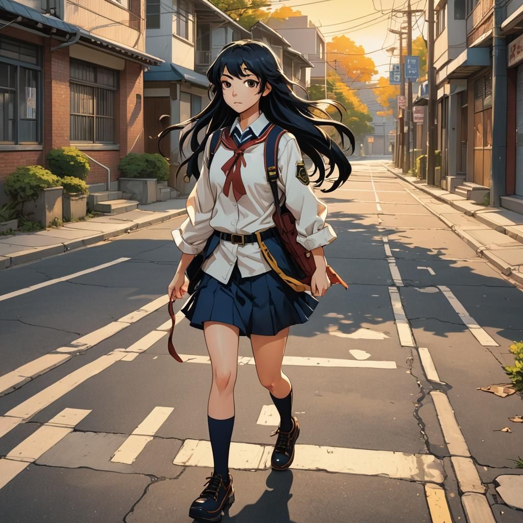 Anime Girl Walks Alone: Manga-Inspired Illustration