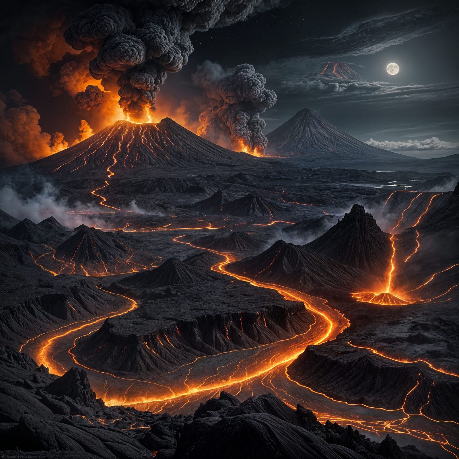 Erupting Volcano River of Lava at Night
