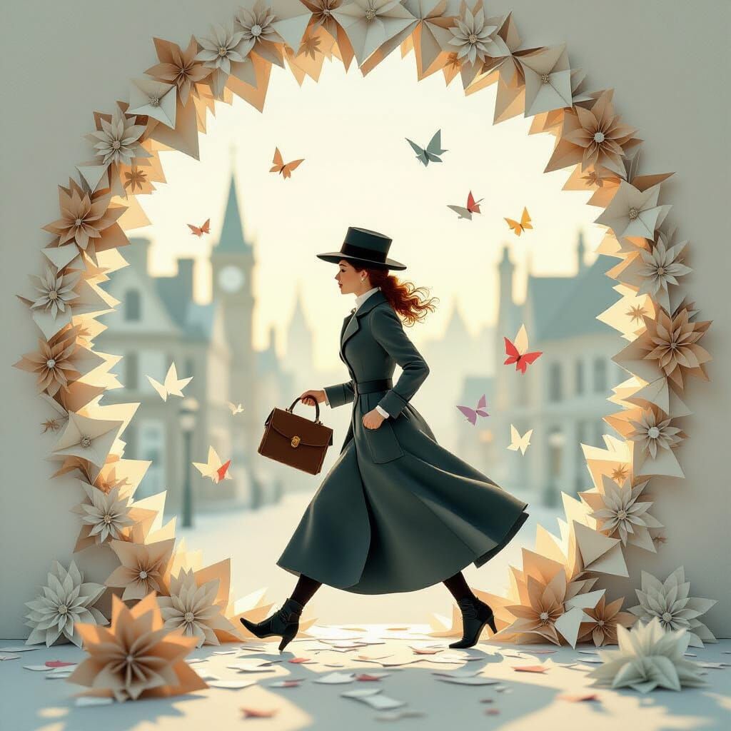 Victorian Woman Rushing to Work with Origami Details