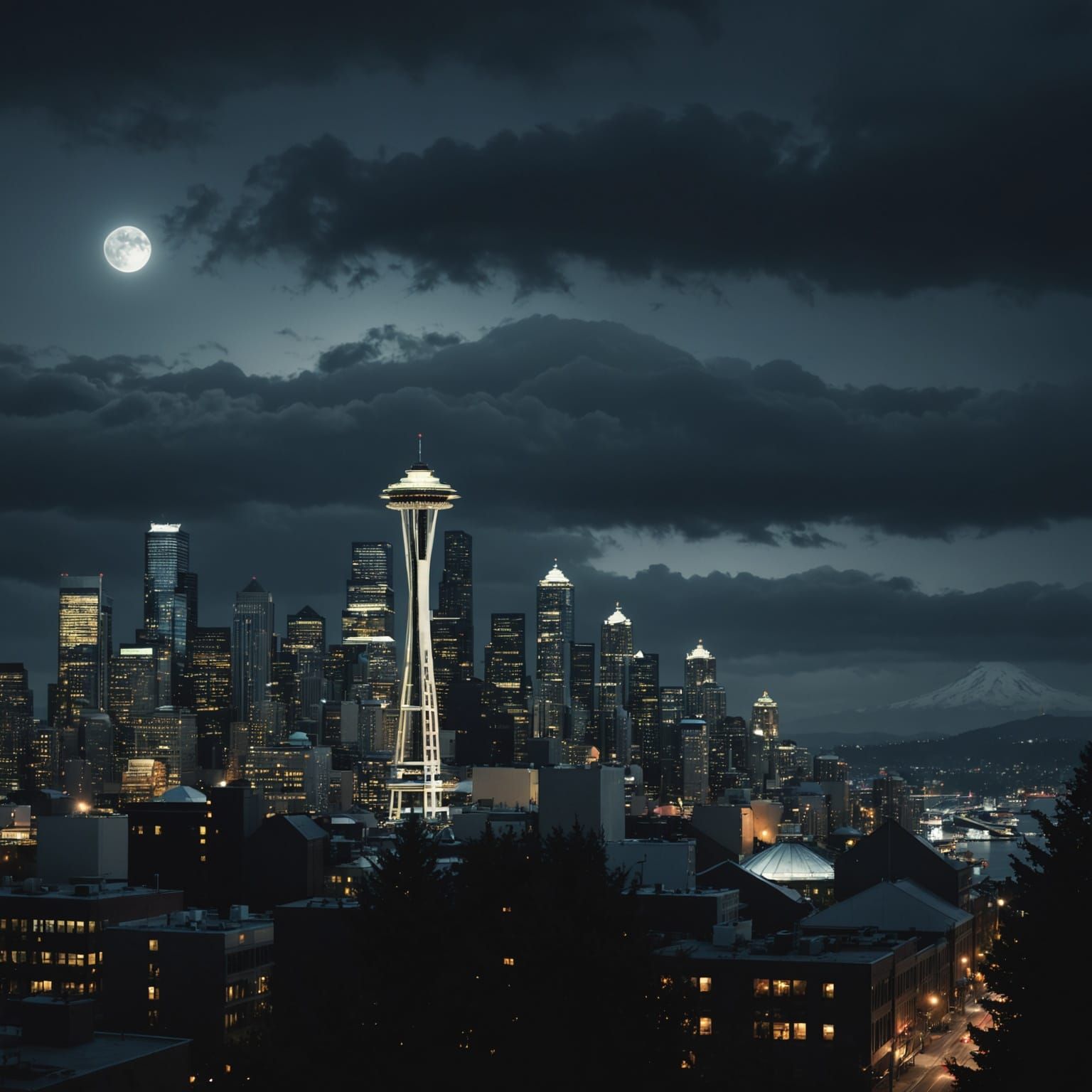 Seattle Skyline at Night in Digital Art Style