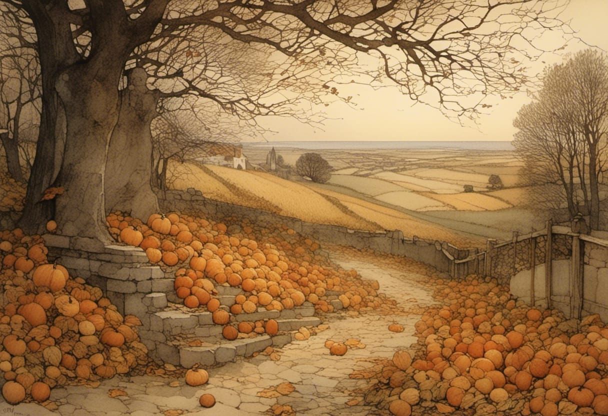 Expressive Autumn Landscape Illustration with Intricate Deta...