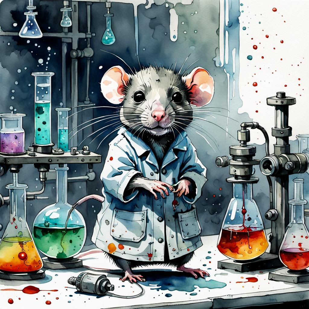 Chibi Rat in Creepy Lab: Watercolor Splash Art