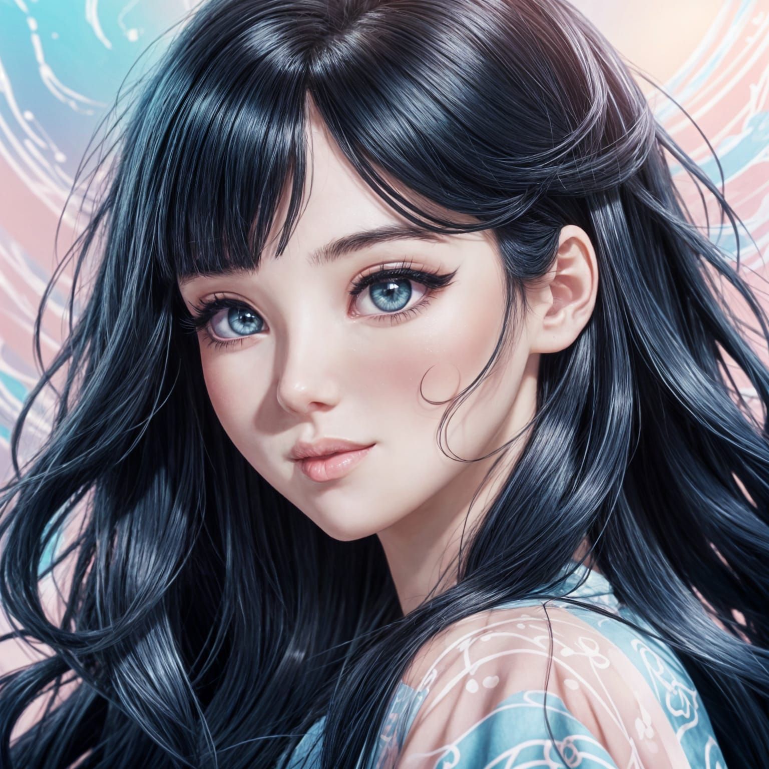 Anime Girl with Long Black Hair in 3D Style