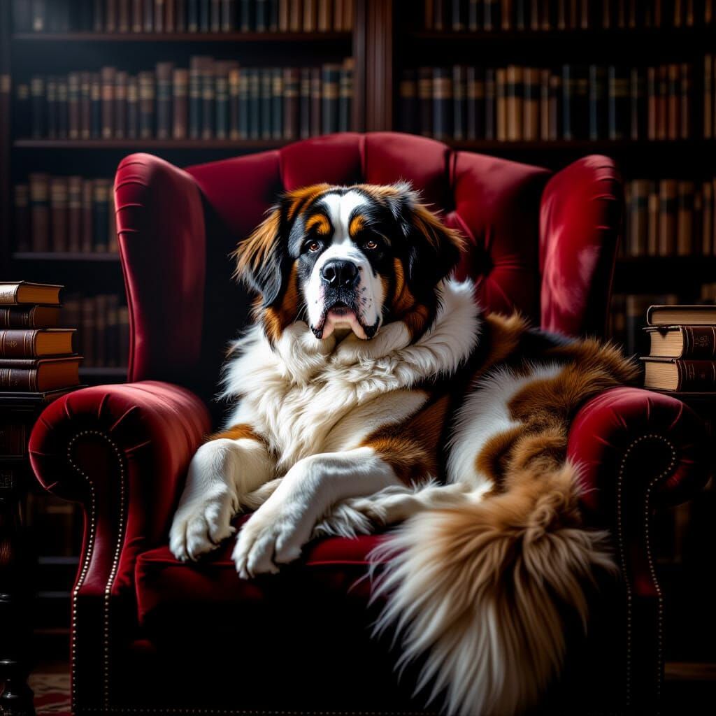 Moonlit Saint Bernard on Velvet Armchair in Library