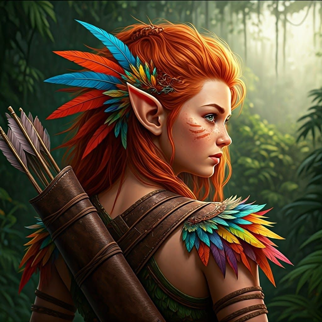 Vibrant Close-Up of a Red-Haired Jungle Elf Archer in a Lush...