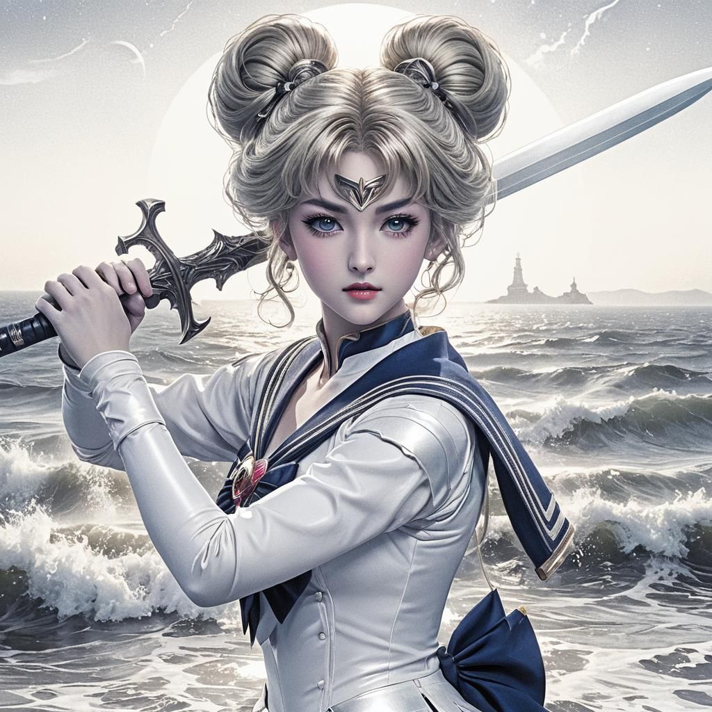 22 year old Sailor Moon, luxurious blonde 1960’s bouffant hair, holding sword in both hands, moon in background
