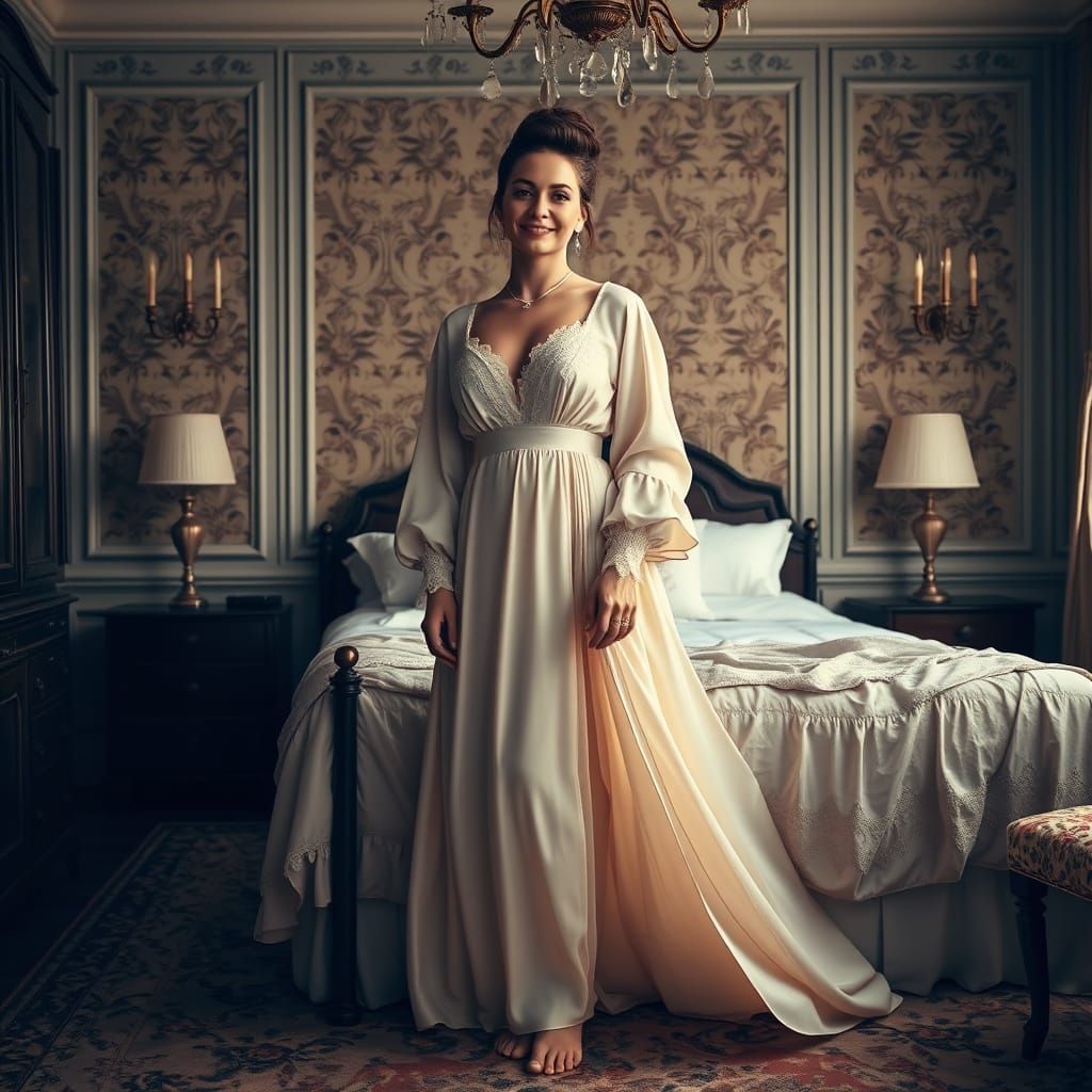 Ethereal Victorian Noblewoman in Flowing Nightgown