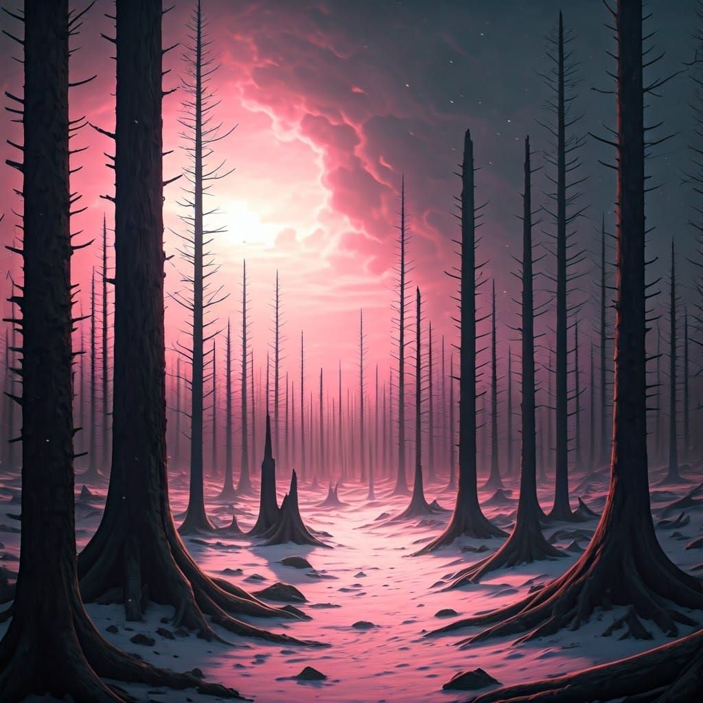 Desolate Winter Forest in Toxic Pink Fog