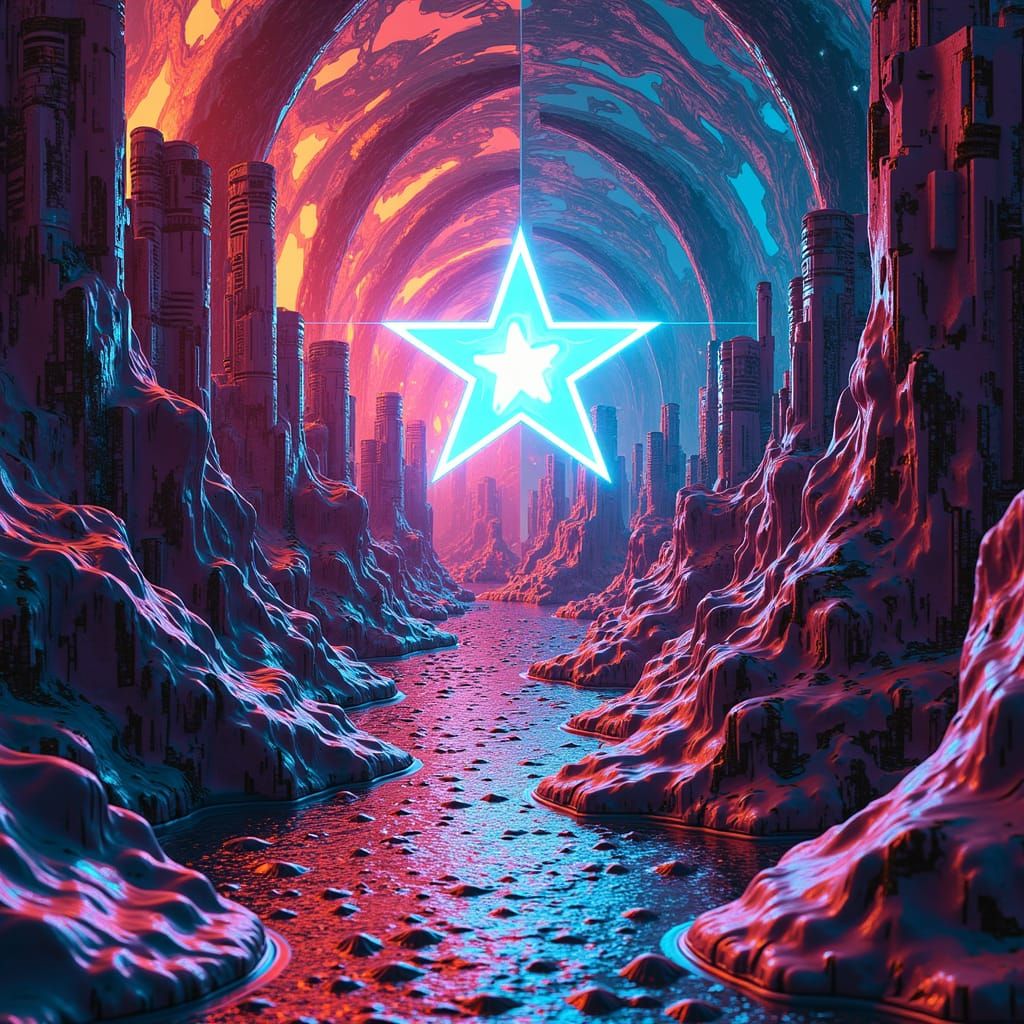 Psychedelic Starman in Abstract 3D Cityscape