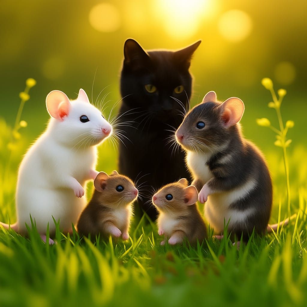 Four Rats Gather in a Meadow at Golden Hour