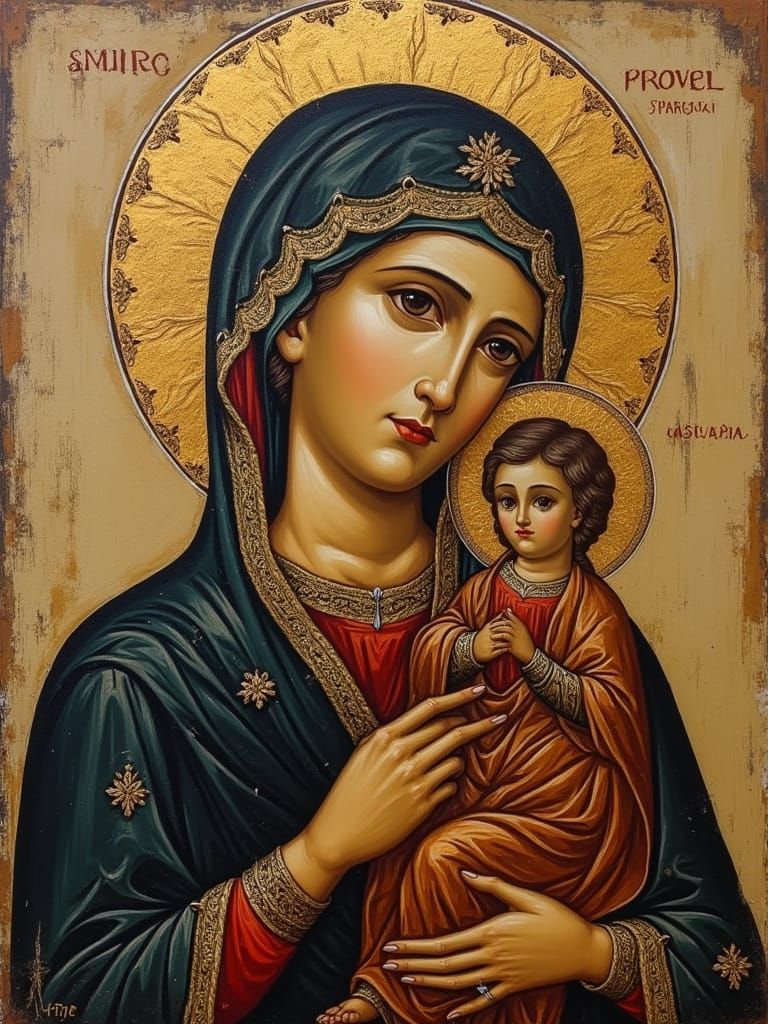 Ancient Woodcut Orthodox Icon of Virgin Mary