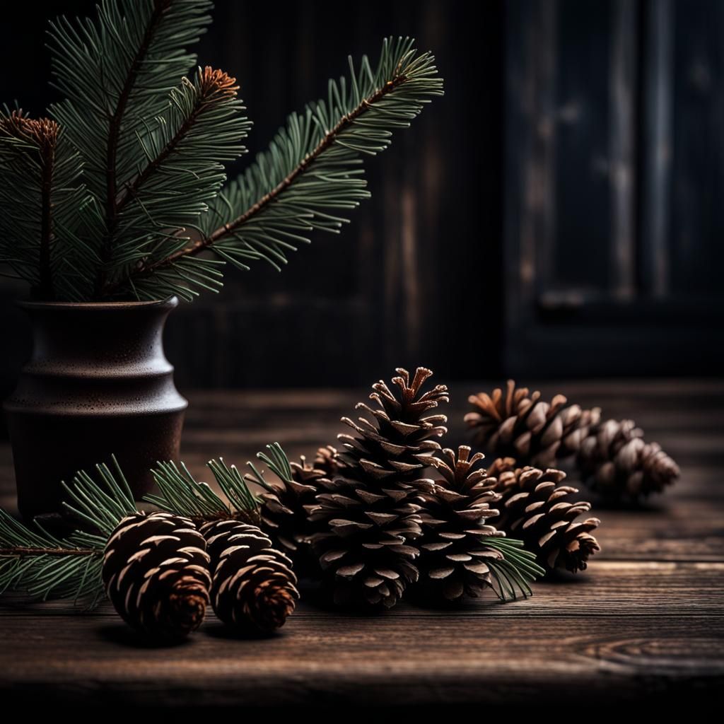 Moody Pine Branches and Cones Still Life