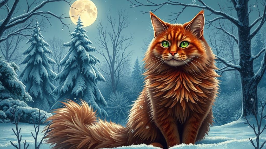 Majestic Red Cat Under Winter Moonlight