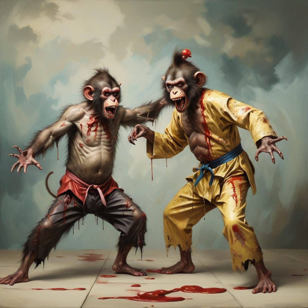 Surreal Zombie Monkey Clowns Fight in Dojo