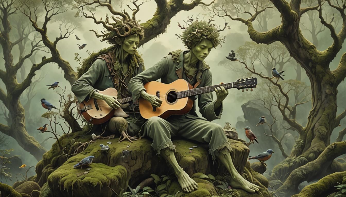 Humanoid Tree Spirit Playing Guitar in Dreamy Landscape