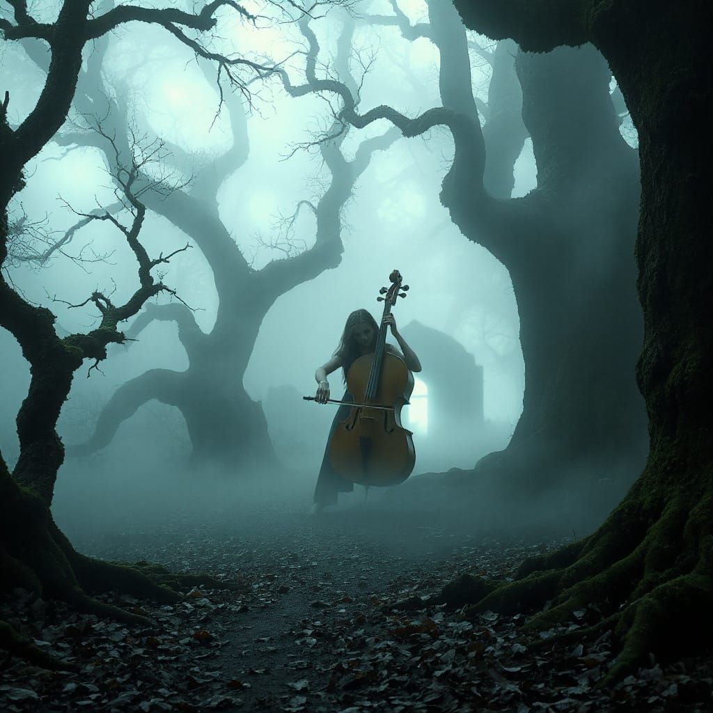Woman Plays Cello in Ethereal Mist-Shrouded Forest