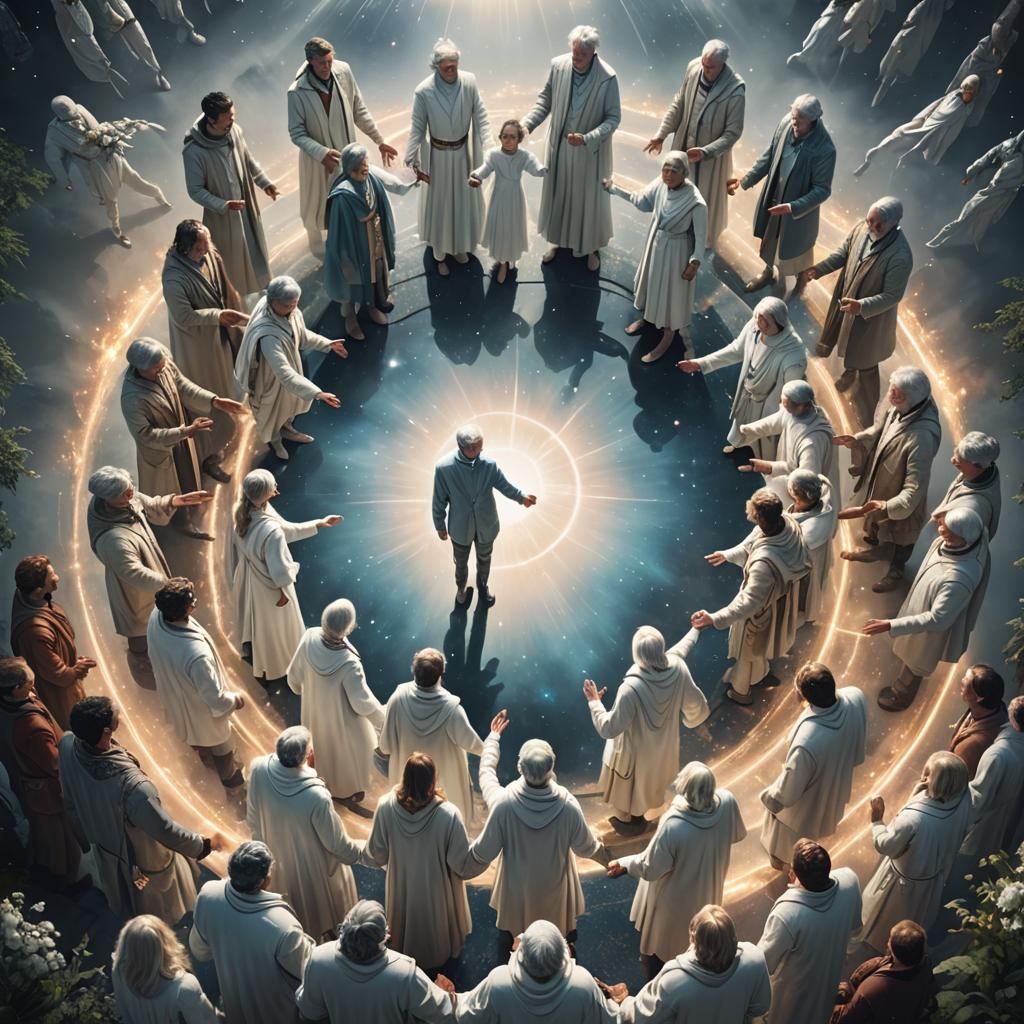 People Holding Hands in Cosmic Light: Digital Art