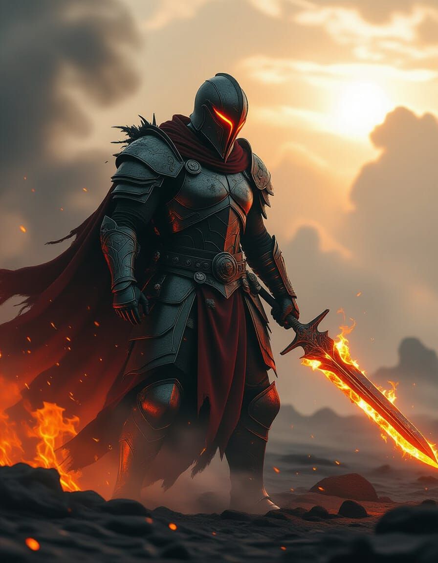 Fiery Warrior in Desolate Void, Molten Textures, Cinematic S...