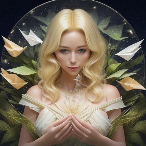 Beautiful Blonde Woman Portrait with Origami Elements