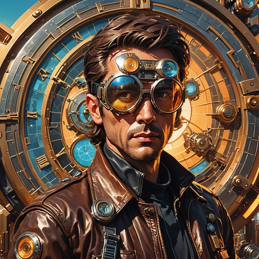 Time Traveler in Sci-Fi Dystopia with Golden Light