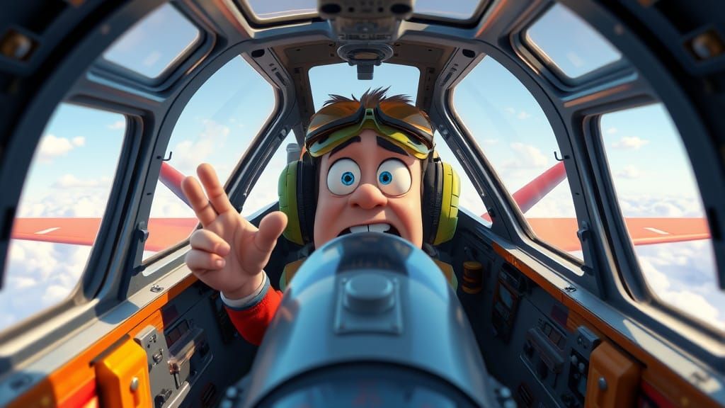 Pilot's Shock in a Pixar-Style Warplane Cockpit