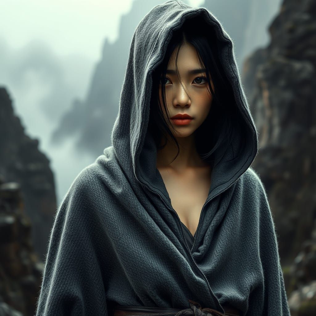 Timeless Japanese Woman in Ancient Landscape