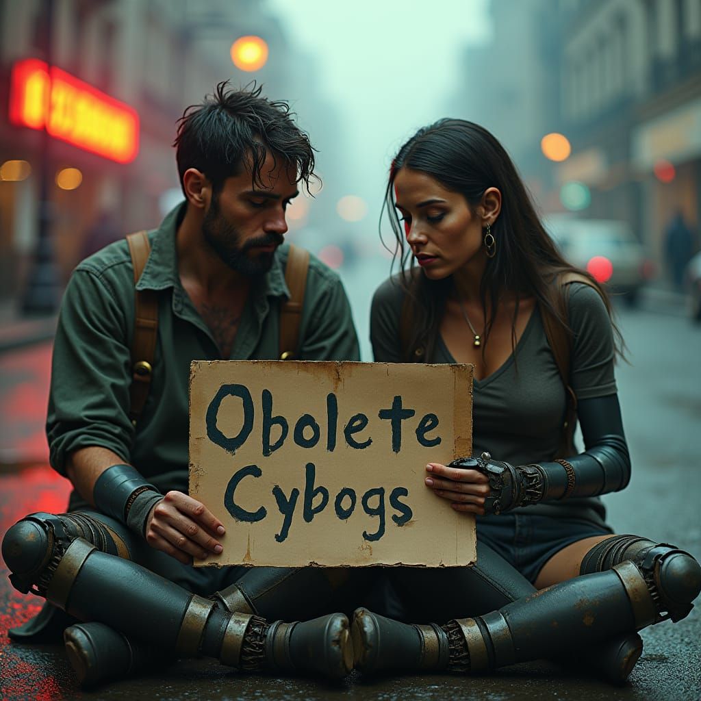 Desolate Cyborgs Begging in Dystopian Cityscape