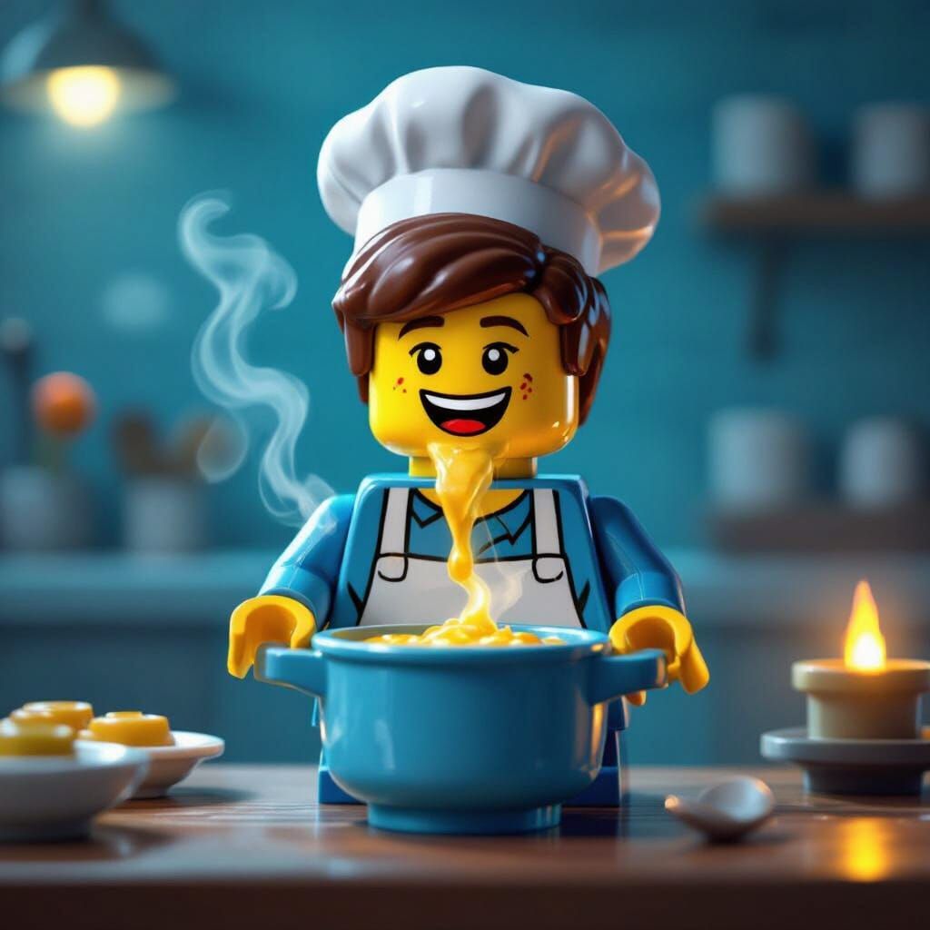 Lego Figure Enjoys Steaming Soup in Kitchen