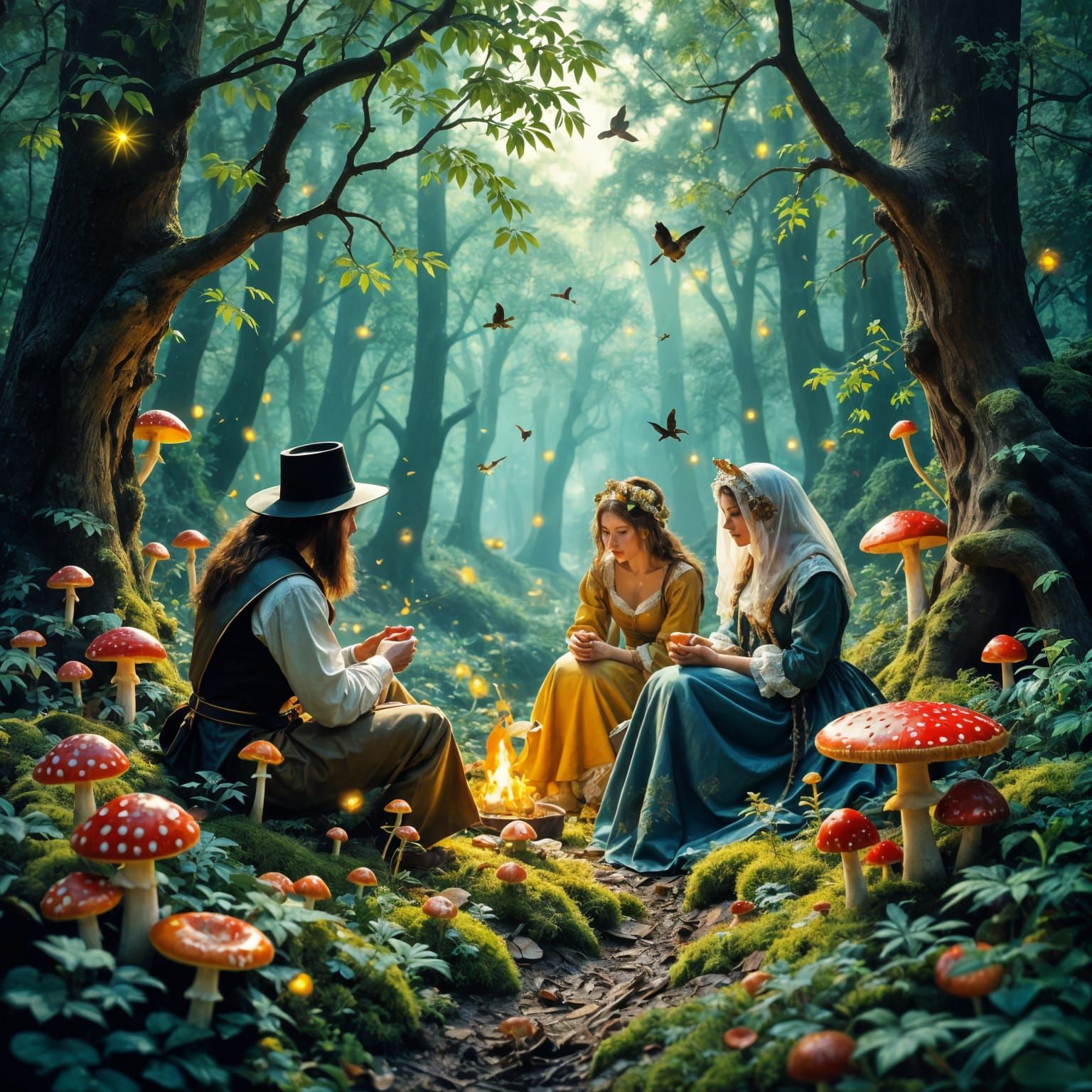 Magical Woods with Fireflies and Exotic Birds