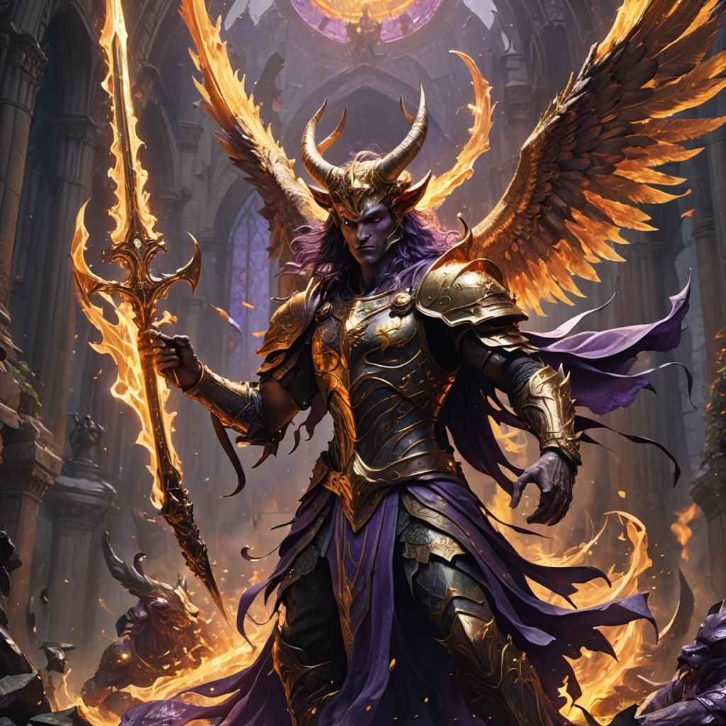 Angel with Flaming Sword Fighting Demon, Dark Fantasy Art