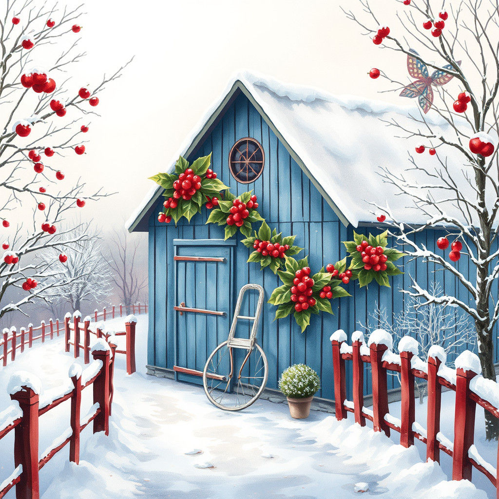 Charming Winter Barn in Watercolor Style