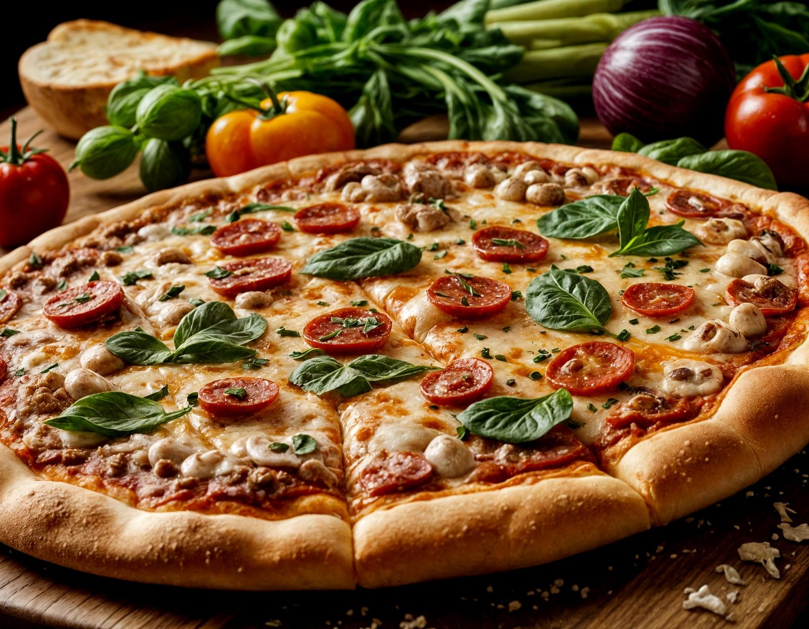 High-Resolution Juicy Pizza on Wooden Table