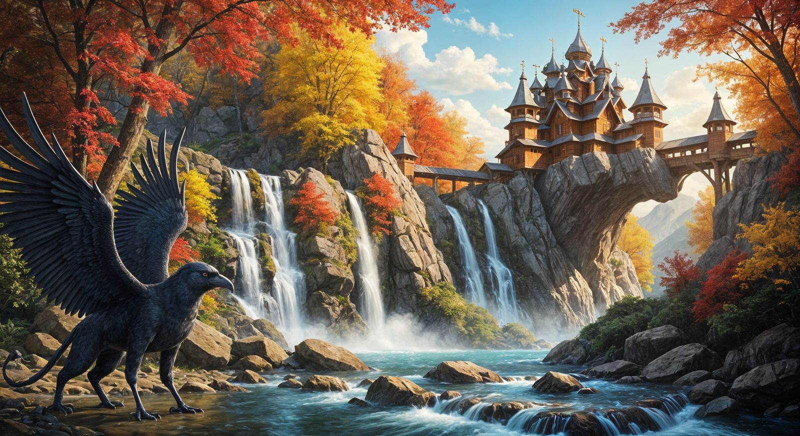 Miyazaki-Inspired Autumn Waterfall With Mythical Griffin