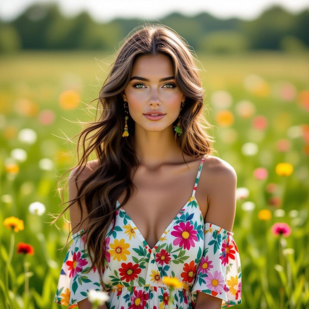 Vintage Snapshot of a Woman in a Floral Meadow