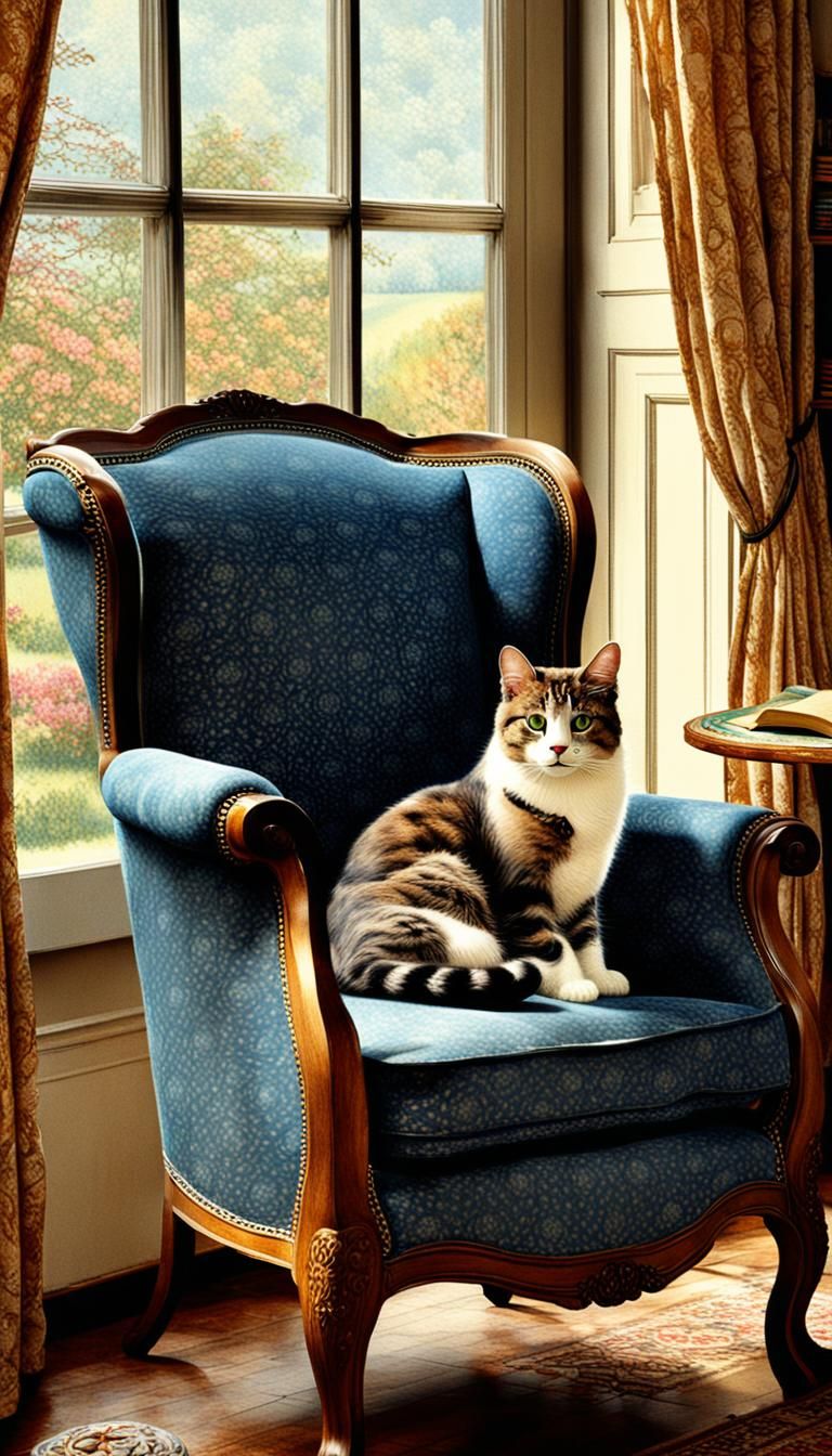Cat in Cozy Book Nook, Vintage Style