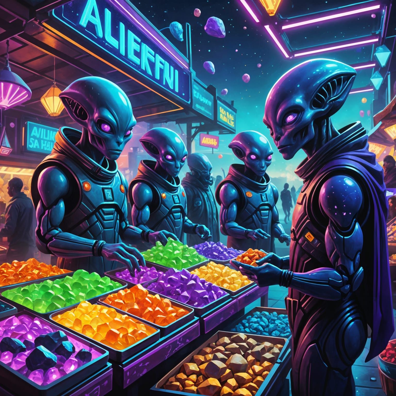Neon Alien Market in Outer Space