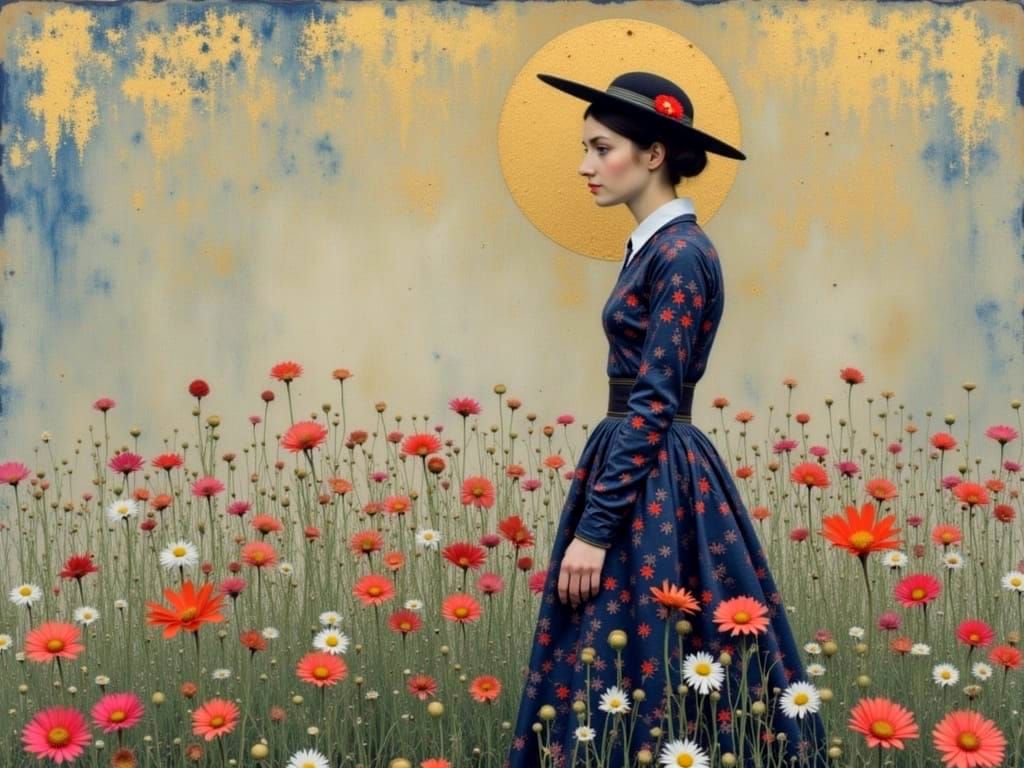 Klimt-Inspired Woman with Gold and Floral Abstraction