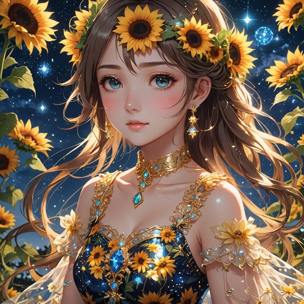 Princess with Sunflower Jewelry in Anime Style