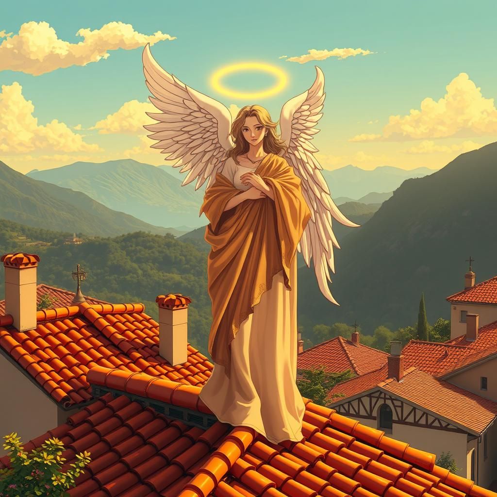 Italian Angel on Rooftop in Anime Style