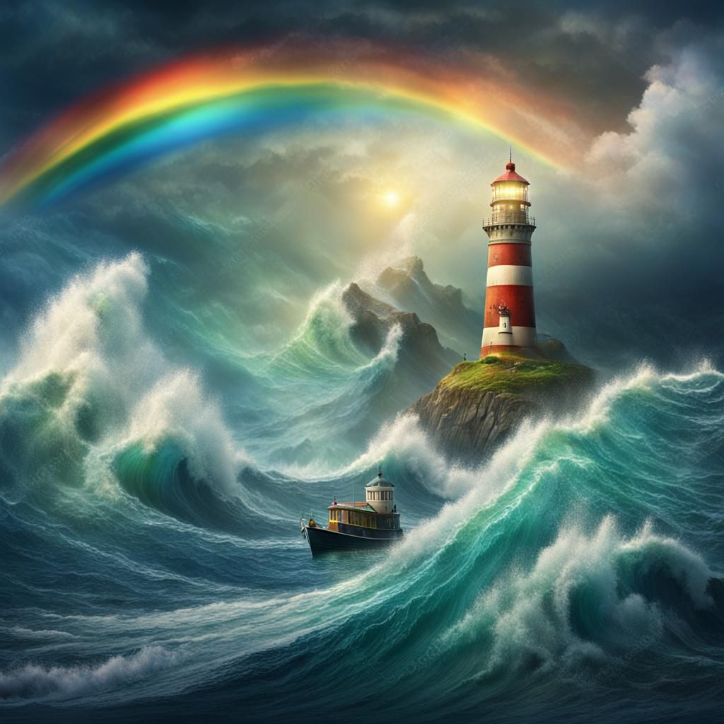 Rainbow and Lighthouse Guide Boat Through Giant Wave
