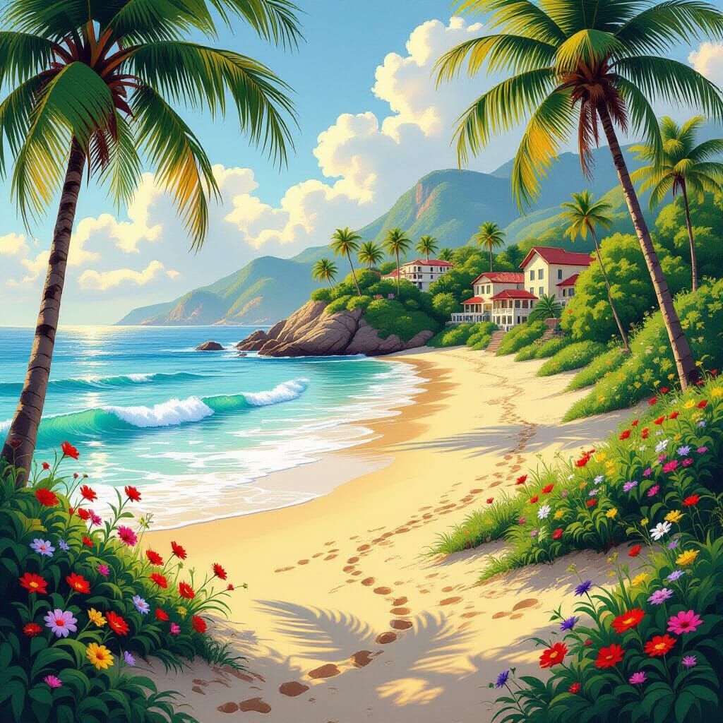 Serene Summer Beach in Charcoal and Gouache Style