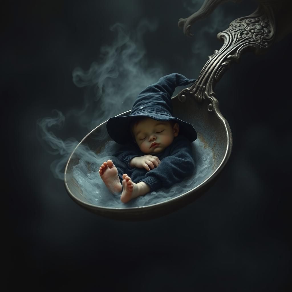 Infant Witch Sleeps in Spoon, Dark Fantasy Art