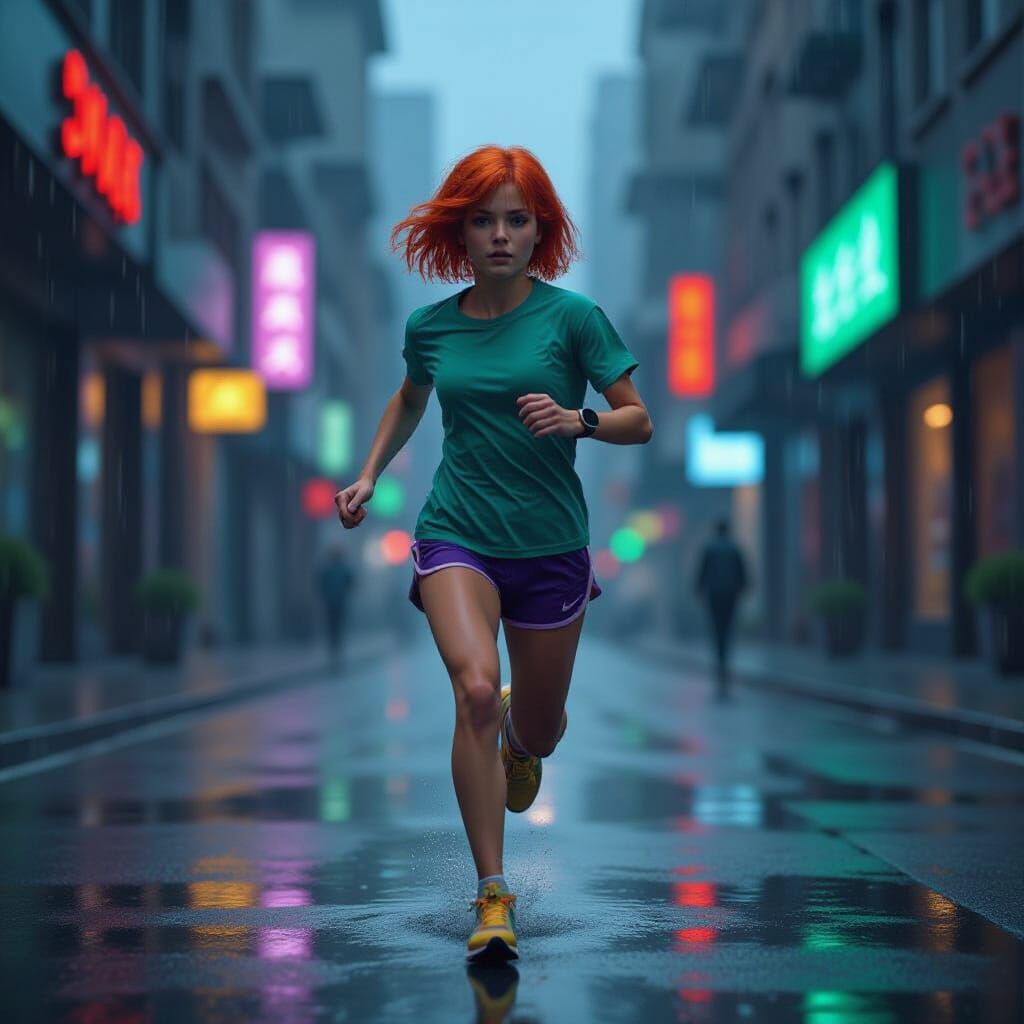 Girl Running on Rainy Sidewalk in Nostalgic Futurism Style