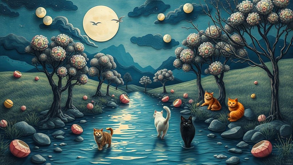 Whimsical Cats in a Dreamlike River Landscape